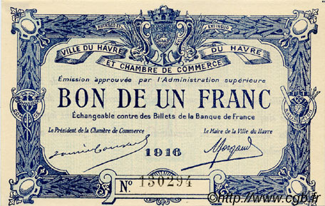 1 Franc FRANCE Regionalismus und verschiedenen Le Havre 1916 JP.068.15 SS to VZ