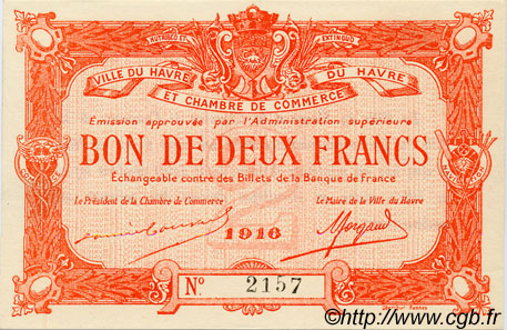 2 Francs FRANCE regionalism and various Le Havre 1916 JP.068.16 AU+
