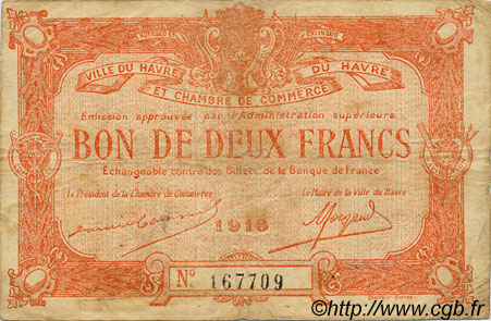 2 Francs FRANCE régionalisme et divers Le Havre 1916 JP.068.16 TB