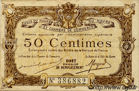 50 Centimes FRANCE régionalisme et divers Le Havre 1917 JP.068.17 TB