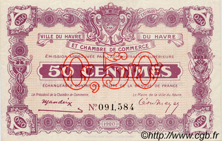50 Centimes FRANCE regionalism and miscellaneous Le Havre 1920 JP.068.20 AU+