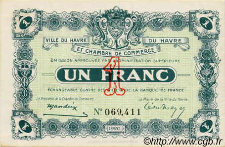 1 Franc FRANCE regionalism and various Le Havre 1920 JP.068.22 VF - XF