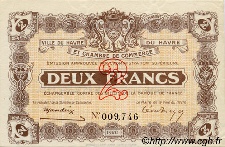 2 Francs FRANCE regionalism and miscellaneous Le Havre 1920 JP.068.24 AU+