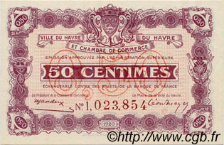 50 Centimes FRANCE regionalism and miscellaneous Le Havre 1920 JP.068.26 AU+