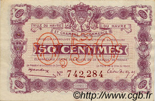 50 Centimes FRANCE regionalismo e varie Le Havre 1920 JP.068.26 BB to SPL