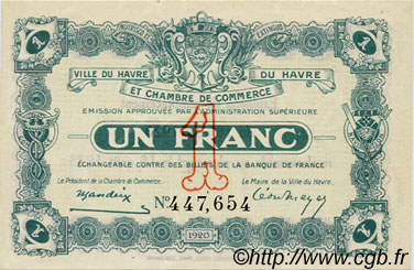 1 Franc FRANCE regionalismo y varios Le Havre 1920 JP.068.28 SC a FDC