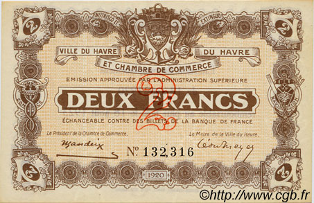 2 Francs FRANCE regionalismo y varios Le Havre 1920 JP.068.30 SC a FDC