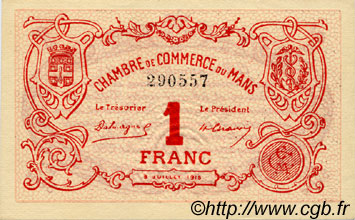 1 Franc FRANCE regionalismo y varios Le Mans 1915 JP.069.05 SC a FDC