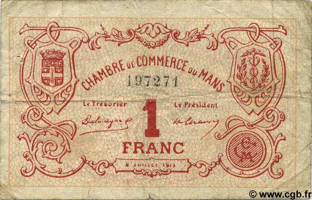 1 Franc FRANCE regionalismo y varios Le Mans 1915 JP.069.05 BC