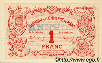 1 Franc Annulé FRANCE Regionalismus und verschiedenen Le Mans 1915 JP.069.08 fST to ST