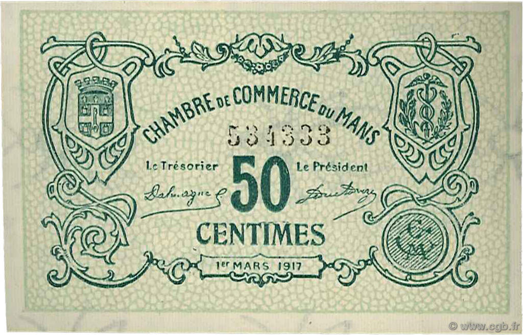50 Centimes FRANCE regionalism and miscellaneous Le Mans 1917 JP.069.09 AU+