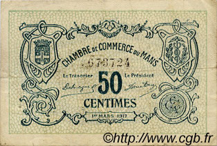 50 Centimes FRANCE regionalismo y varios Le Mans 1917 JP.069.09 BC