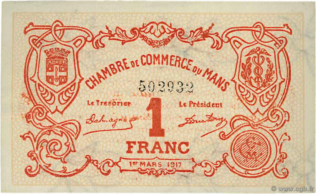 1 Franc FRANCE regionalism and various Le Mans 1917 JP.069.12 AU+