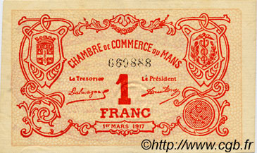 1 Franc FRANCE Regionalismus und verschiedenen Le Mans 1917 JP.069.12 SS to VZ