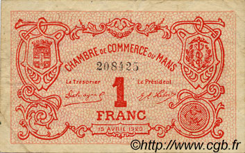 1 Franc FRANCE regionalismo e varie Le Mans 1920 JP.069.18 BB to SPL