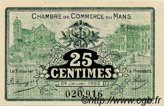 25 Centimes FRANCE regionalism and miscellaneous Le Mans 1922 JP.069.20 AU+