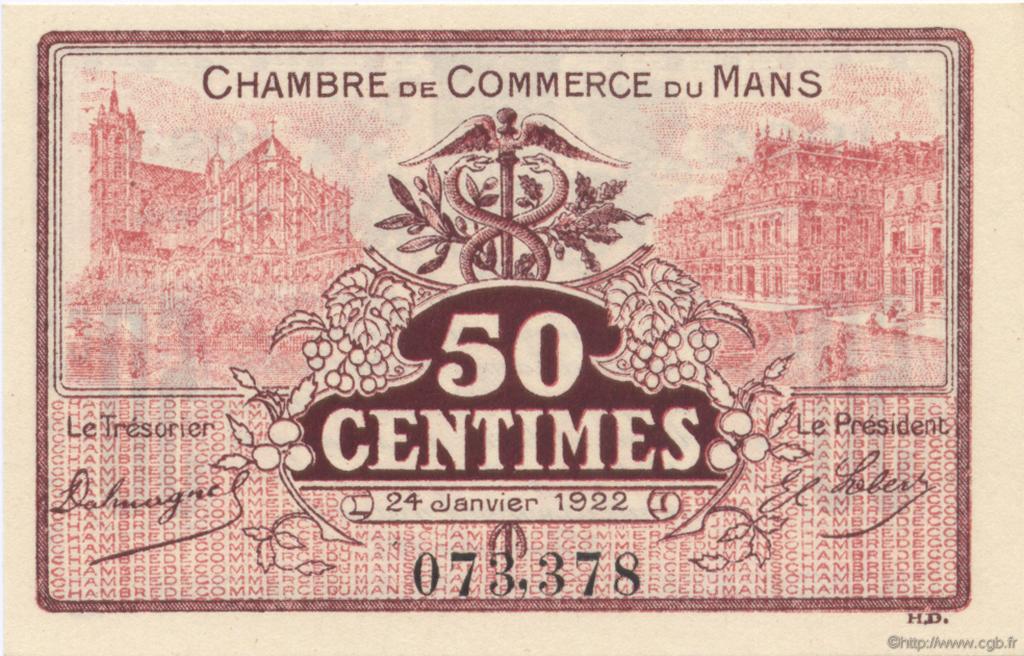 50 Centimes FRANCE regionalism and miscellaneous Le Mans 1922 JP.069.23 AU+