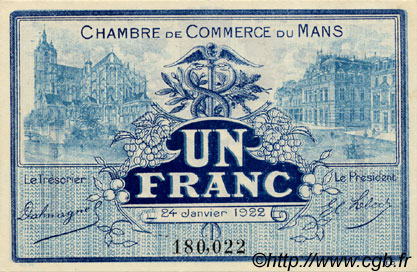 1 Franc FRANCE regionalism and miscellaneous Le Mans 1922 JP.069.25 AU+