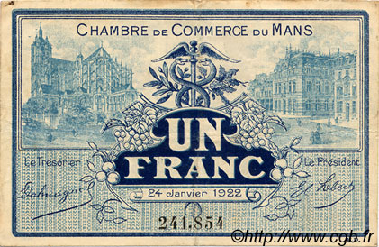1 Franc FRANCE Regionalismus und verschiedenen Le Mans 1922 JP.069.25 SS to VZ