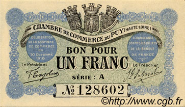 1 Franc FRANCE regionalismo y varios Le Puy 1916 JP.070.03 SC a FDC