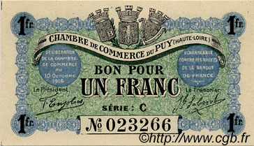 1 Franc FRANCE regionalismo y varios Le Puy 1916 JP.070.06 SC a FDC