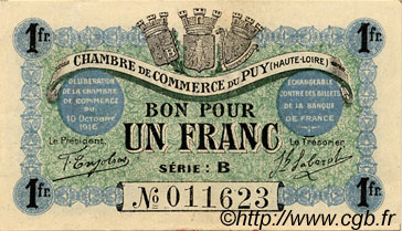 1 Franc FRANCE Regionalismus und verschiedenen Le Puy 1916 JP.070.06 SS to VZ
