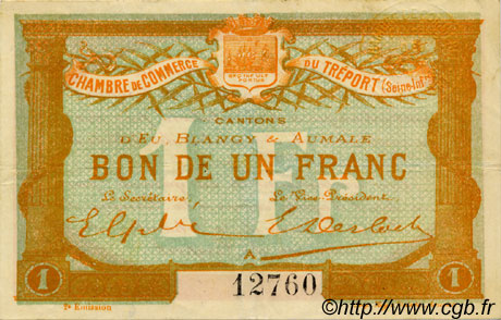 1 Franc FRANCE regionalismo y varios Le Tréport 1915 JP.071.06 MBC a EBC