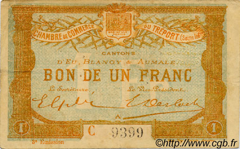 1 Franc FRANCE Regionalismus und verschiedenen Le Tréport 1915 JP.071.10 S