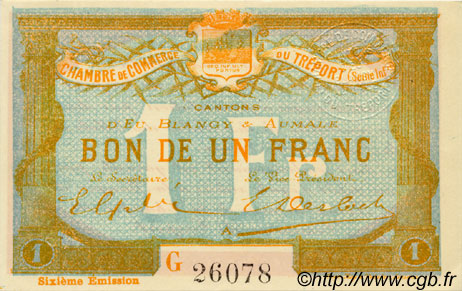 1 Franc FRANCE regionalismo y varios Le Tréport 1916 JP.071.25 SC a FDC