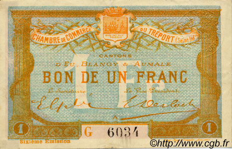 1 Franc FRANCE regionalismo y varios Le Tréport 1916 JP.071.25 MBC a EBC