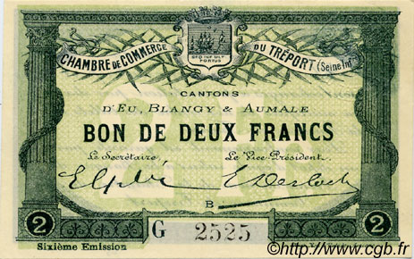2 Francs FRANCE Regionalismus und verschiedenen Le Tréport 1916 JP.071.26 fST to ST
