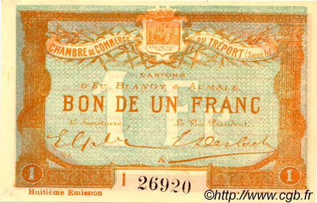 1 Franc FRANCE regionalismo y varios Le Tréport 1916 JP.071.33 SC a FDC