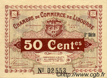 50 Centimes FRANCE regionalism and miscellaneous Libourne 1915 JP.072.12 VF - XF