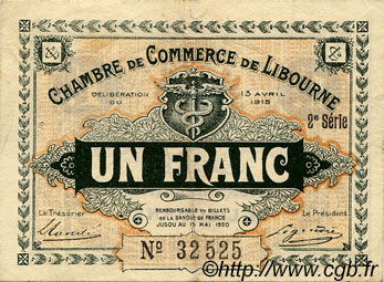 1 Franc FRANCE regionalismo y varios Libourne 1915 JP.072.13 MBC a EBC