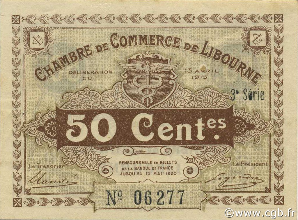 50 Centimes FRANCE Regionalismus und verschiedenen Libourne 1915 JP.072.15 fST to ST