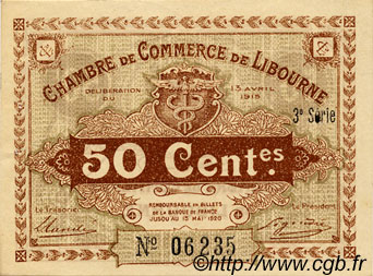 50 Centimes FRANCE regionalismo y varios Libourne 1915 JP.072.15 MBC a EBC