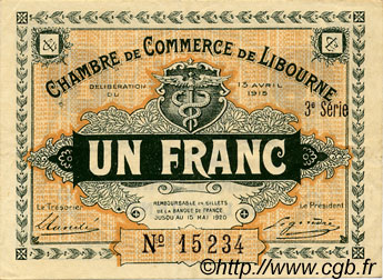1 Franc FRANCE regionalismo y varios Libourne 1915 JP.072.16 MBC a EBC