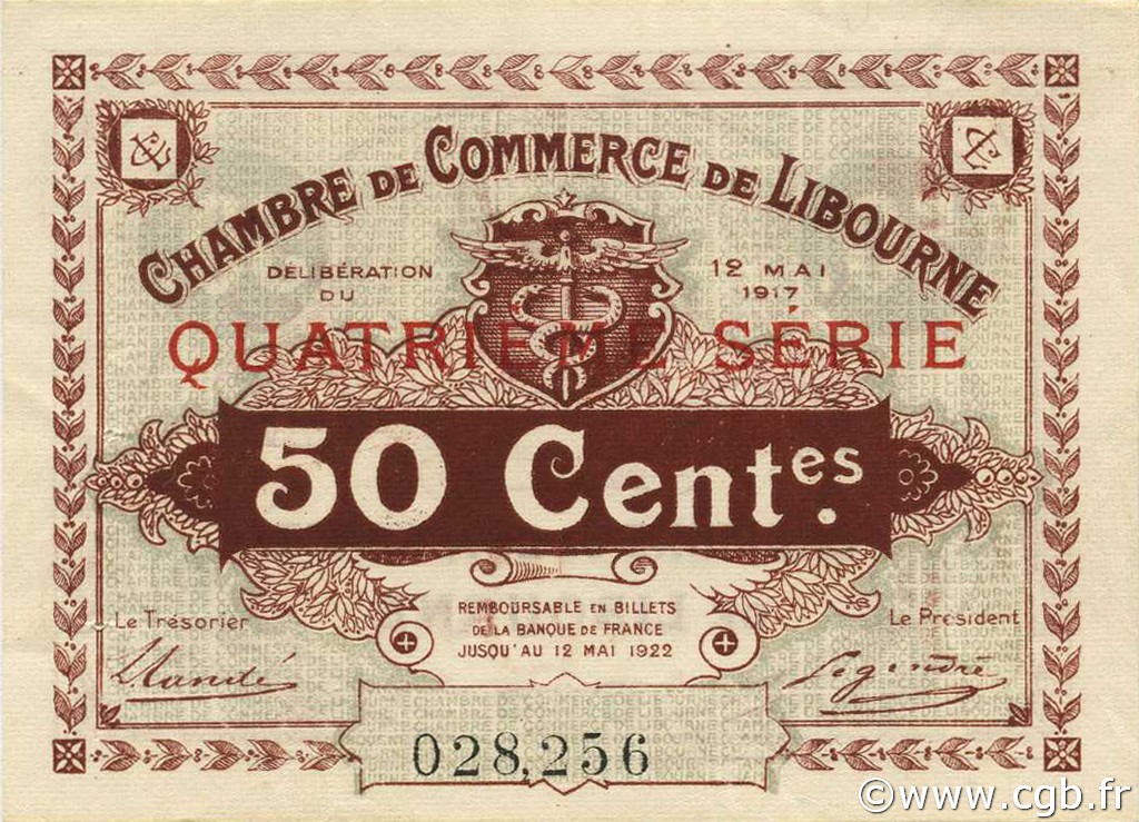 50 Centimes FRANCE regionalismo y varios Libourne 1917 JP.072.18 SC a FDC