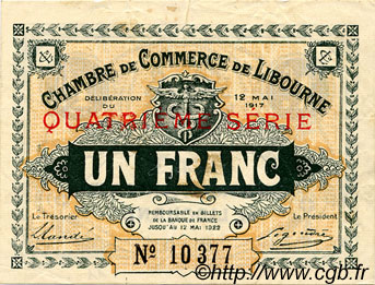 1 Franc FRANCE regionalism and various Libourne 1917 JP.072.19 VF - XF