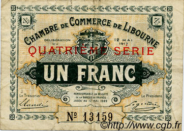 1 Franc FRANCE Regionalismus und verschiedenen Libourne 1917 JP.072.19 S