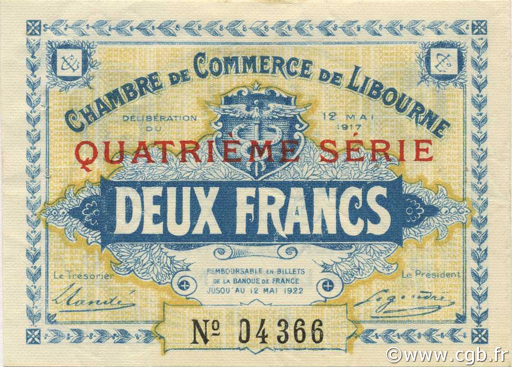 2 Francs FRANCE regionalism and various Libourne 1917 JP.072.20 AU+