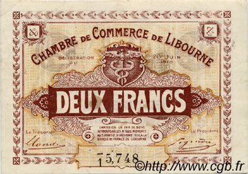 2 Francs FRANCE regionalismo e varie Libourne 1918 JP.072.27 BB to SPL