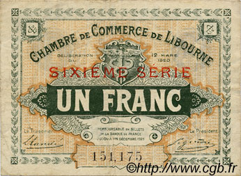 1 Franc FRANCE regionalismo y varios Libourne 1920 JP.072.30 MBC a EBC