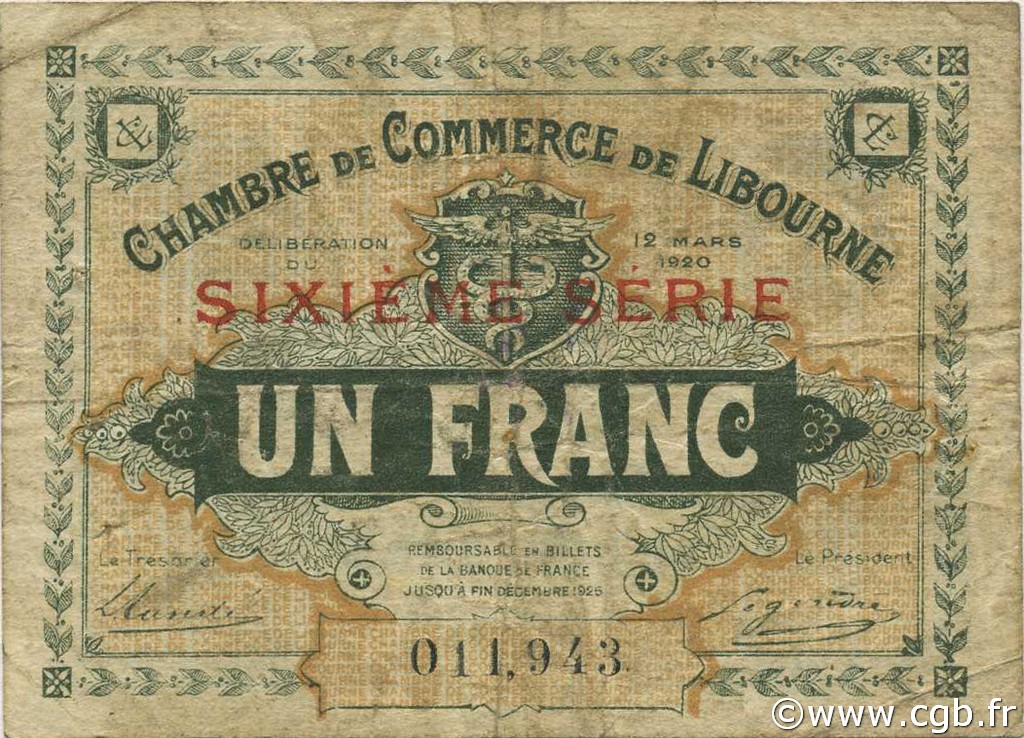 1 Franc FRANCE régionalisme et divers Libourne 1920 JP.072.30 TB