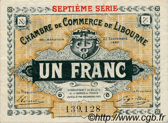 1 Franc FRANCE regionalismo y varios Libourne 1920 JP.072.33 MBC a EBC