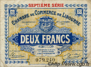 2 Francs FRANCE Regionalismus und verschiedenen Libourne 1920 JP.072.34 SS to VZ