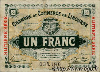 1 Franc FRANCE Regionalismus und verschiedenen Libourne 1921 JP.072.36 S