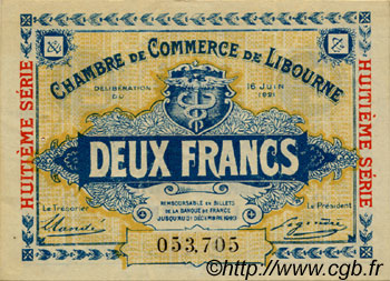2 Francs FRANCE Regionalismus und verschiedenen Libourne 1921 JP.072.37 SS to VZ