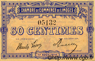 50 Centimes FRANCE regionalism and miscellaneous Limoges 1914 JP.073.01 AU+