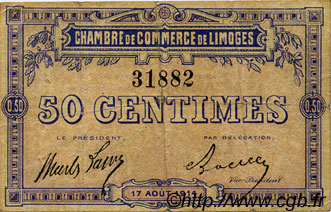 50 Centimes FRANCE regionalismo e varie Limoges 1914 JP.073.01 MB